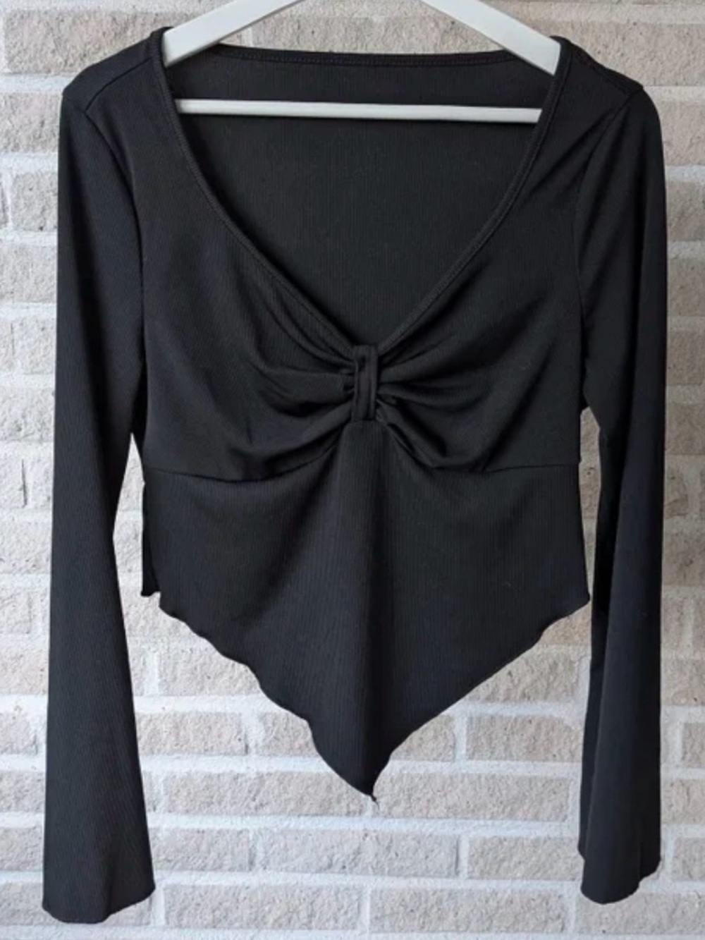 Long-Sleeve Black Twist-Front Women’s Top